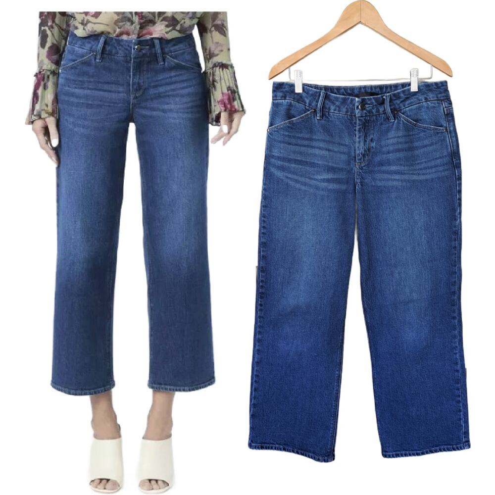 PAIGE Nellie Low Rise Wide Leg Jeans Cropped Angled Pockets Size 30 Dark Wash